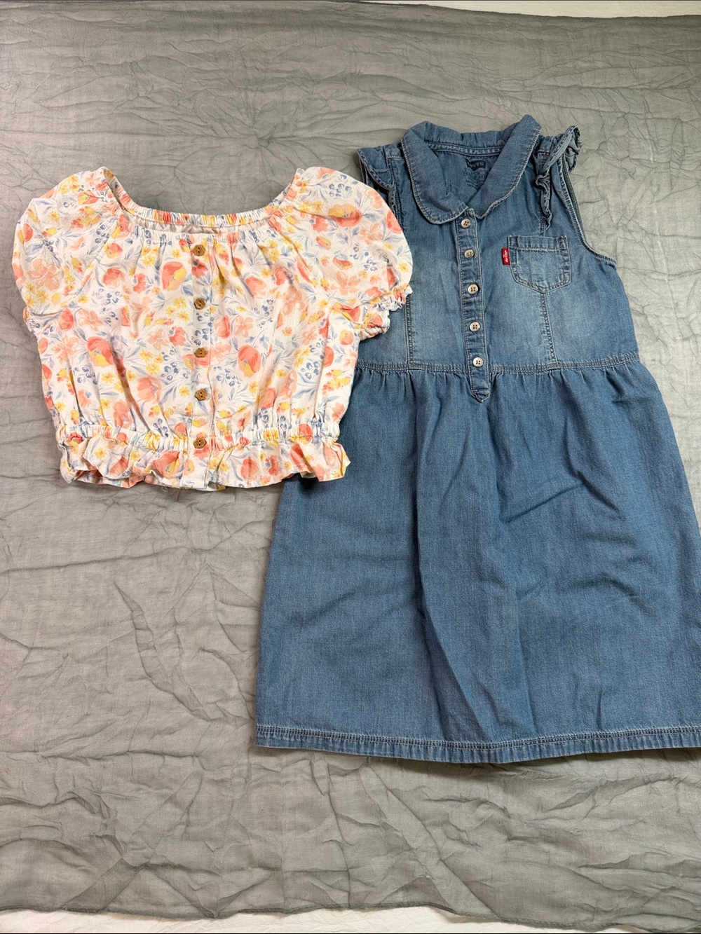 2 Pc Girl Lot Levi's Denim Sleeveless Dress & Floral Crop Top